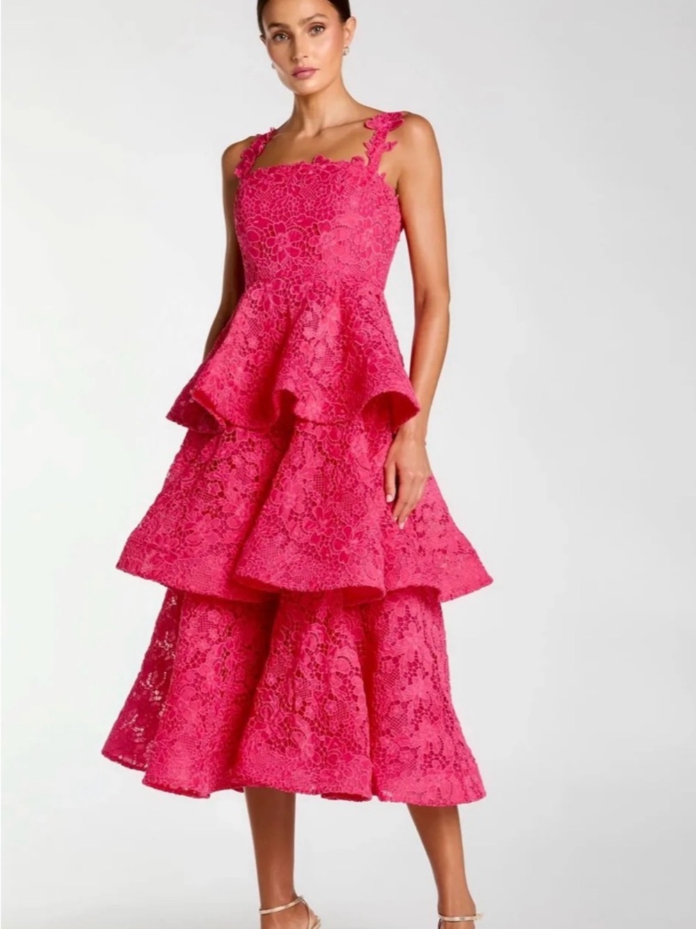 Mac Duggal  Pink Lace Tiered Midi Dress